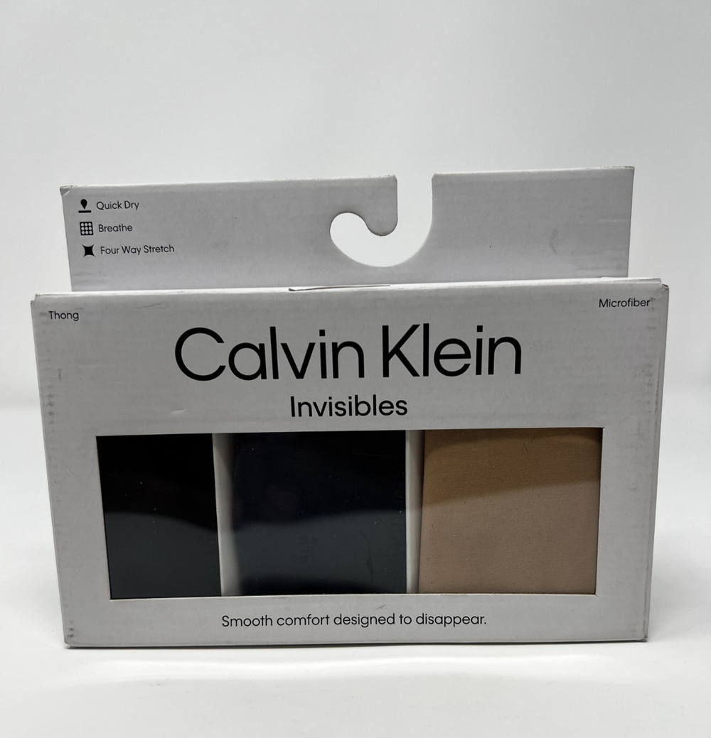 NWT Calvin Klein Women's Invisibles 3 Pack Thong Size M Black Navy Beige QD3558